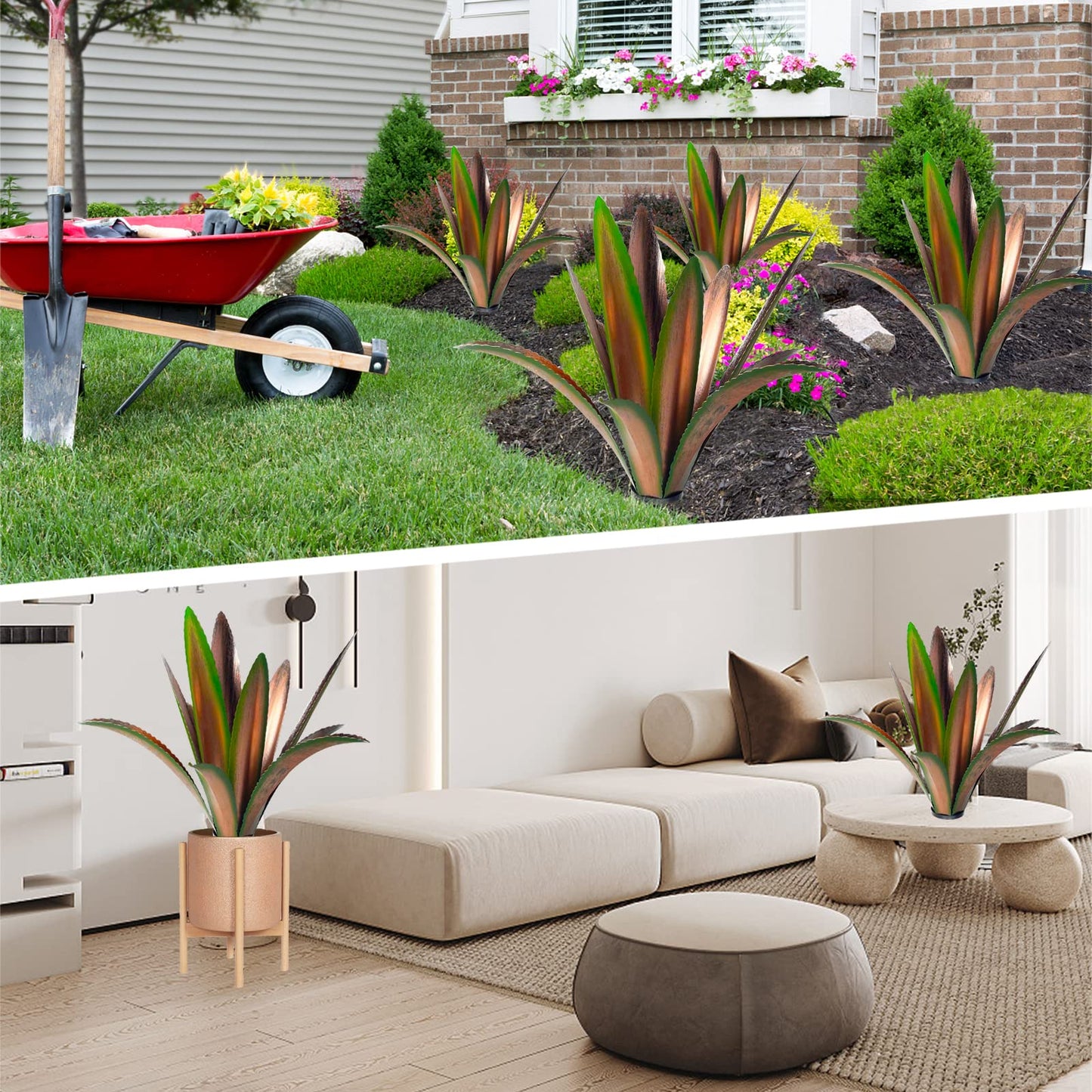 TOMBABY Enlarge Thickened Wind Resistant Metal Agave Garden Art Metal Plant Country Garden Sculpture Statue Outdoor Decoration Agave Metal Plant Courtyard Lawn Ornament Gift (2, 12 Leaves Green)
