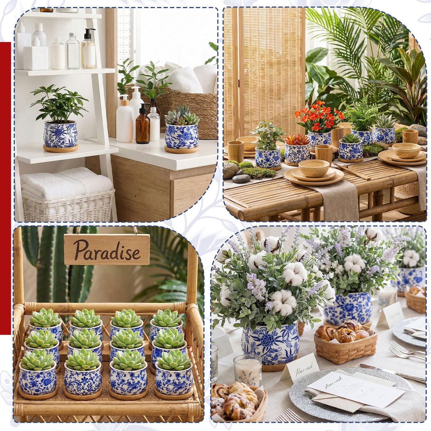 Ferrochef 12 Pcs 3" Ceramic Chinoiserie Succulent Plant Pot Blue and White Porcelain Planter with Bamboo Tray Drainage Hole Mini Chinese Flower Jardiniere for Cactus Herbs Home Office Indoor Decor