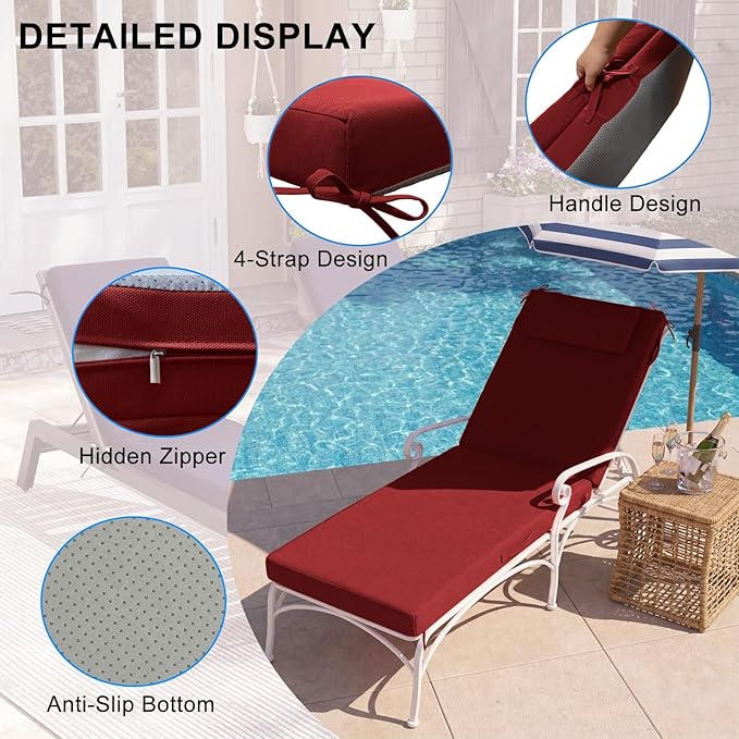 Outdoor Chaise Lounge Cushions, 71x21 Inch Olefin Water & Fade Resistant Pool