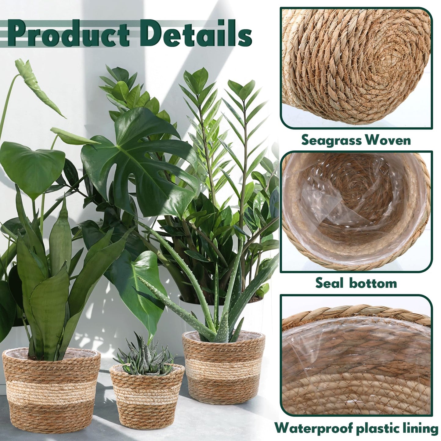 Mumufy 6 Pcs Seagrass Planter Basket Flower Pots Cover Plant Baskets Hand Woven Plant Basket Storage Containers with Plastic Liners for Indoor Outdoor Flower Pots Decoration 10, 7, 8.3 Inch(Novel)