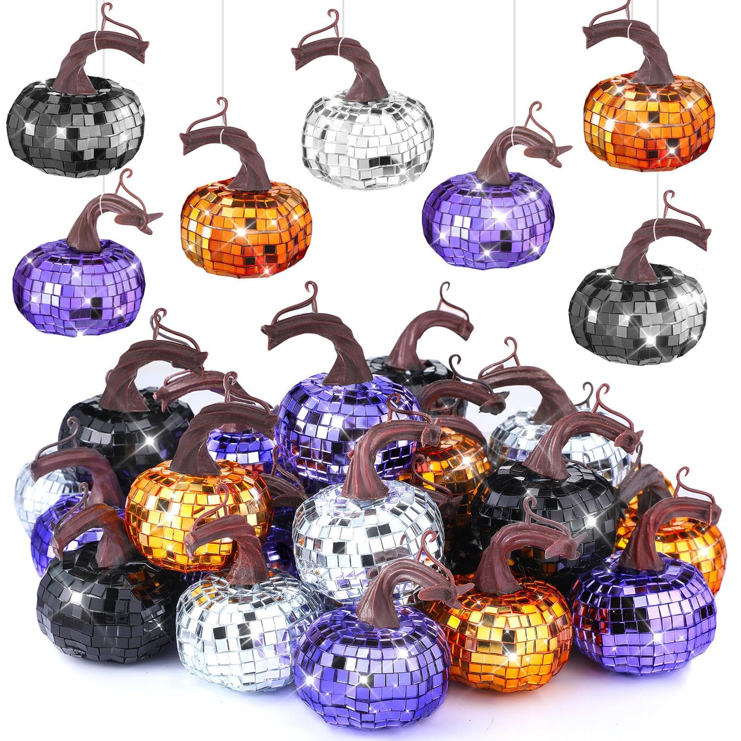 Silipull 24 Pcs Artificial Disco Pumpkin Glitter Mirror Pumpkin Fall Hanging Mini Pumpkins Ornaments for Autumn Halloween Thanksgiving Decoration Table Centerpiece(Black, Silver, Orange, Purple)