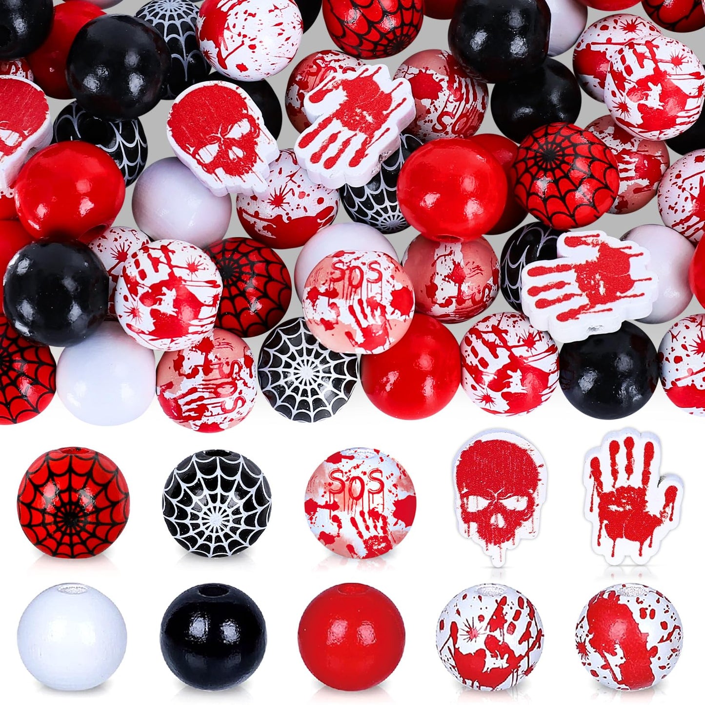 Whaline 130Pcs Halloween Wood Beads 16mm Bloody Trick or Treat Wooden Beads Spider Web Craft Spacer Bead for Necklace Bracelet Jewelry Making DIY Decor, Red Black White