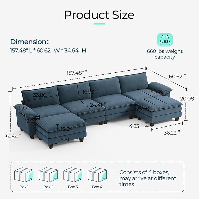 LINSY HOME 157" Modular U-Shaped Sectional Sofa, 4-Seat Corduroy Modern Cloud