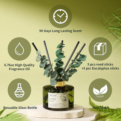 Airkeep Reed Diffuser Set with 6.76 fl oz Citrus&Sage Scent Essential Oils and 3 Leaves & 8 Diffuser Sticks,Bathroom Shelf Decor & Air Freshener, House Bedroom Office Decor & Gifts