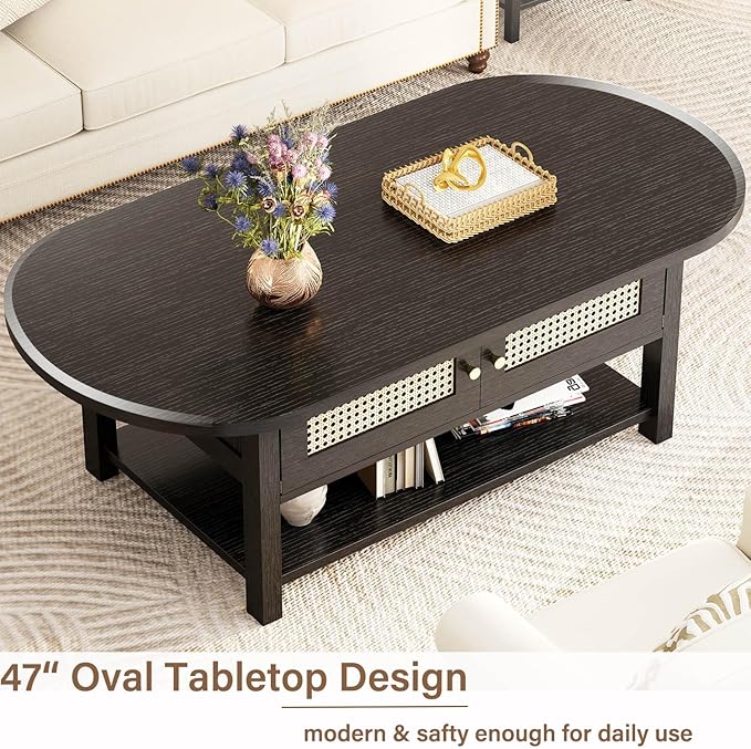 LVB Rattan Coffee Table, Boho Wood Living Room Table