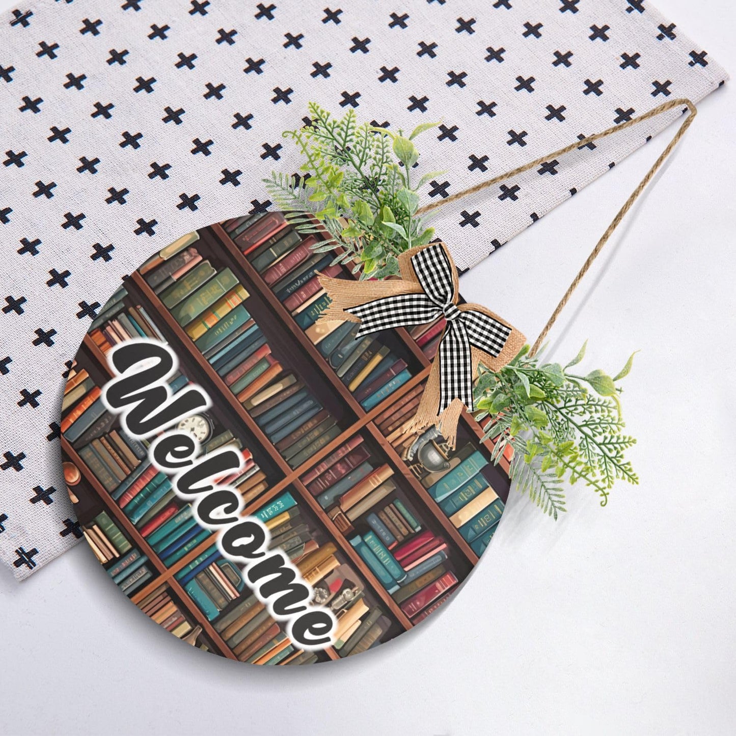 YETTASBIN Welcome Sign Library Bookshelf Front Door Sign, Waterproof Wall Hanging Plaque Decorative Porch Wreath for Housewarming, Farmhouse Yard Garden Home Holiday Decor, 12 x 12 Inch
