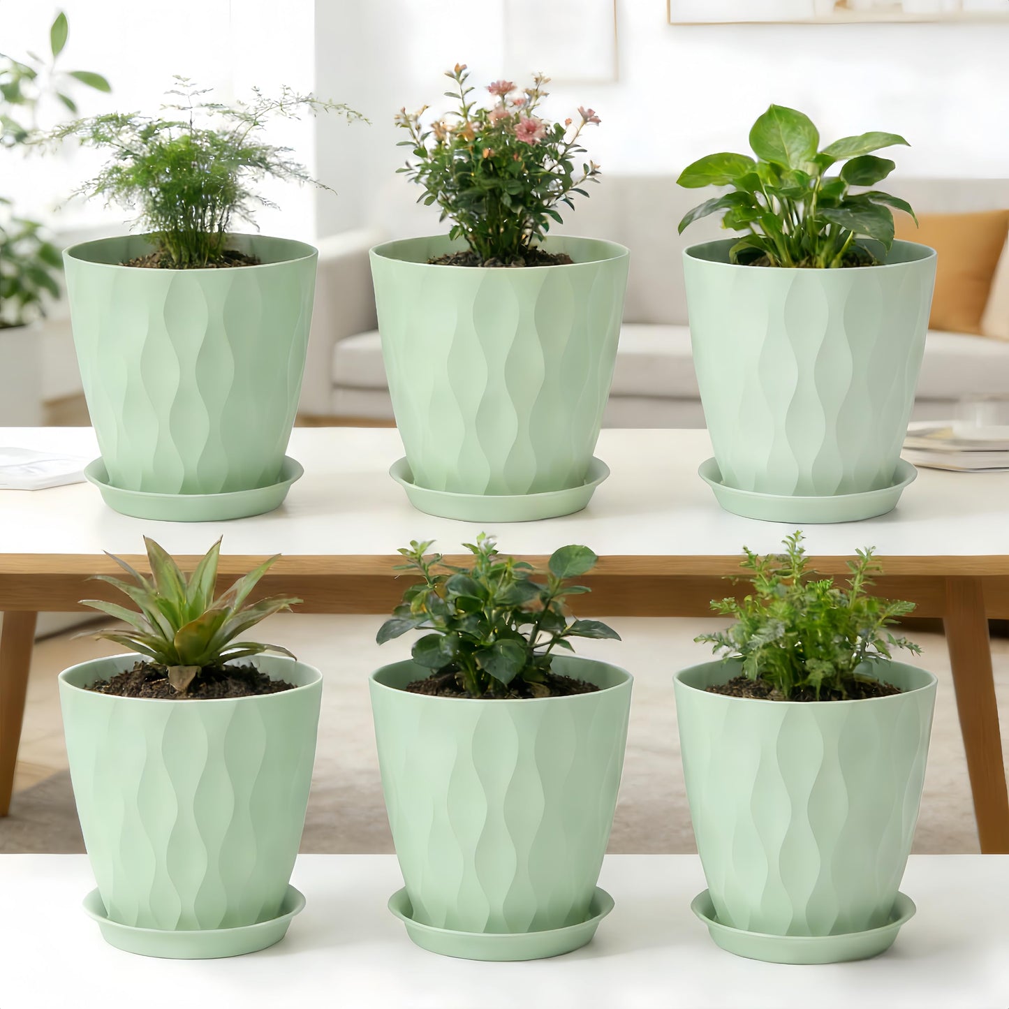 LESOASIS Plant Pots 8 Inch, 6 Pack Plastic Flower Pots for Indoor & Outdoor Plants, Planters with Drainage Holes and Saucer, Garden Pot for Plants (Green)