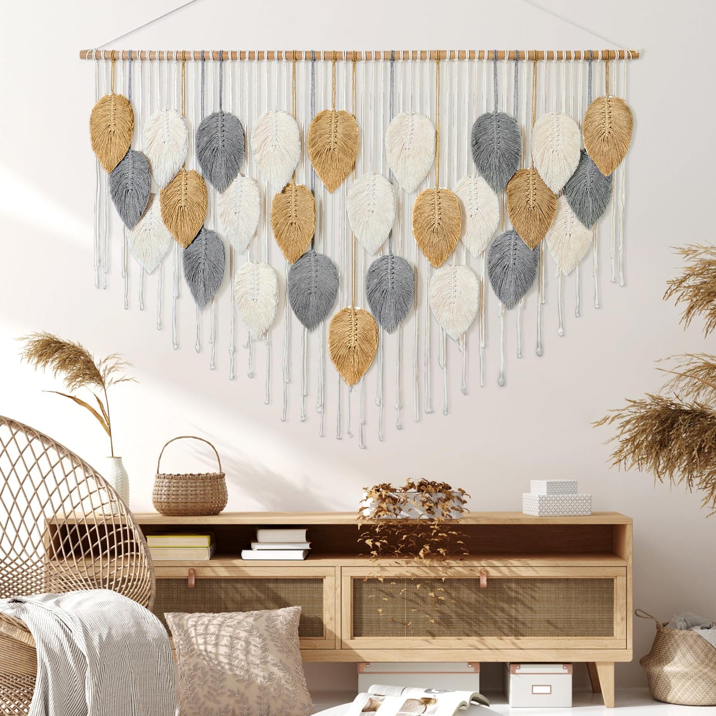 KHOYIME Large Macrame Wall Hanging Boho Woven Tapestry, Chic Modern Home Decor Bohemian Farmhouse Handmade Leaf Feather Wall Art Decorations for Living Room Bedroom Nursery Dorm Backdrop 51.5"W X 33.5"L