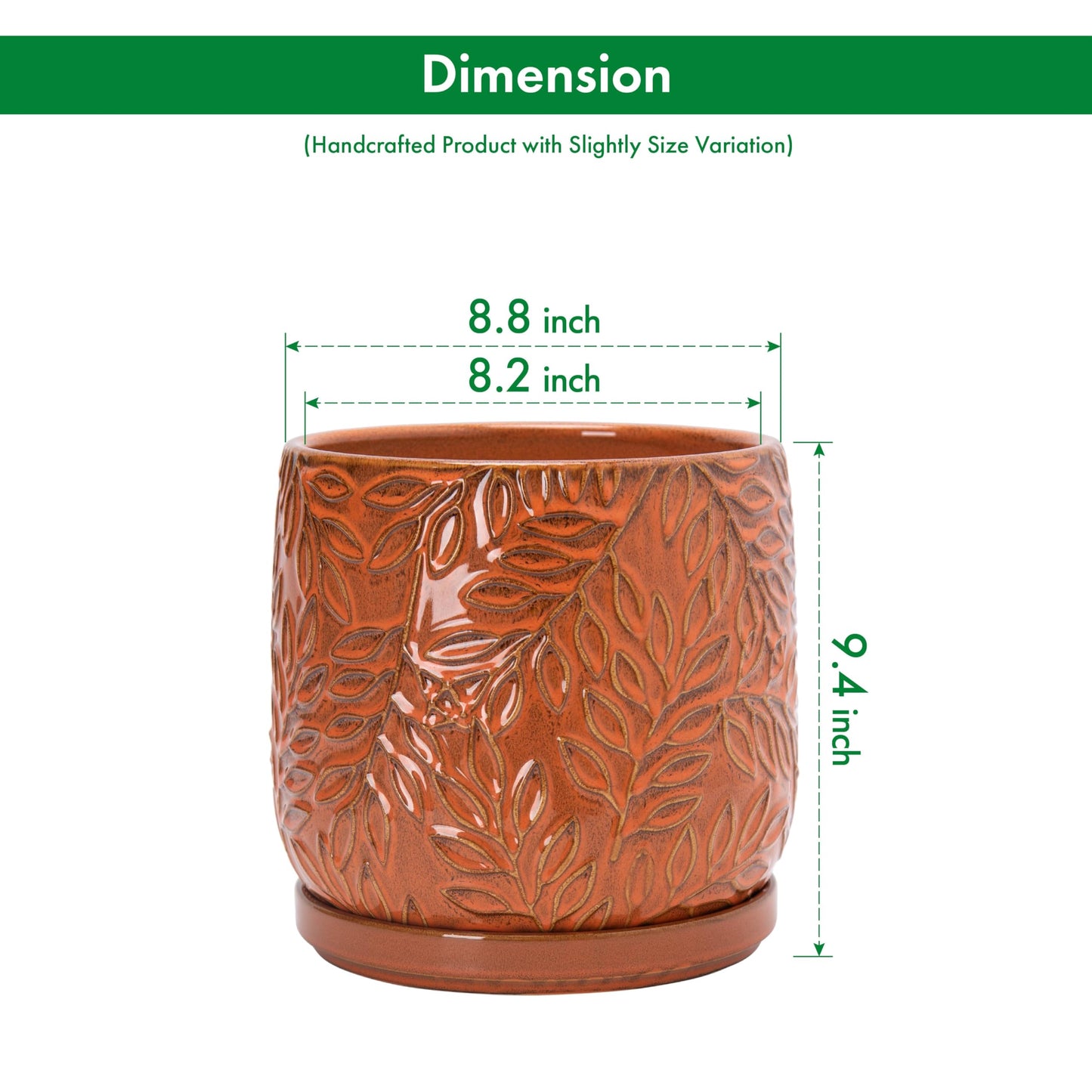 D'vine Dev 8 Inch Embossed Leaves Stoneware Planter Pot with Drainage Hole and Saucer, Pumpkin, 27-A-Q-J