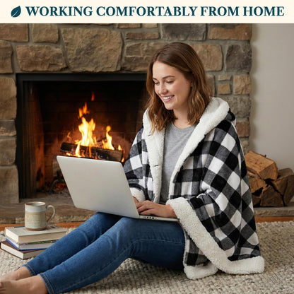 PAVILIA Hooded Blanket Poncho, Women Sherpa Fleece Shawl Wrap with Hood, Wearable Blanket Cozy Warm Poncho Cape Throw with Pockets, Gift for Elderly Mom, Black and White Buffalo Plaid Checkered