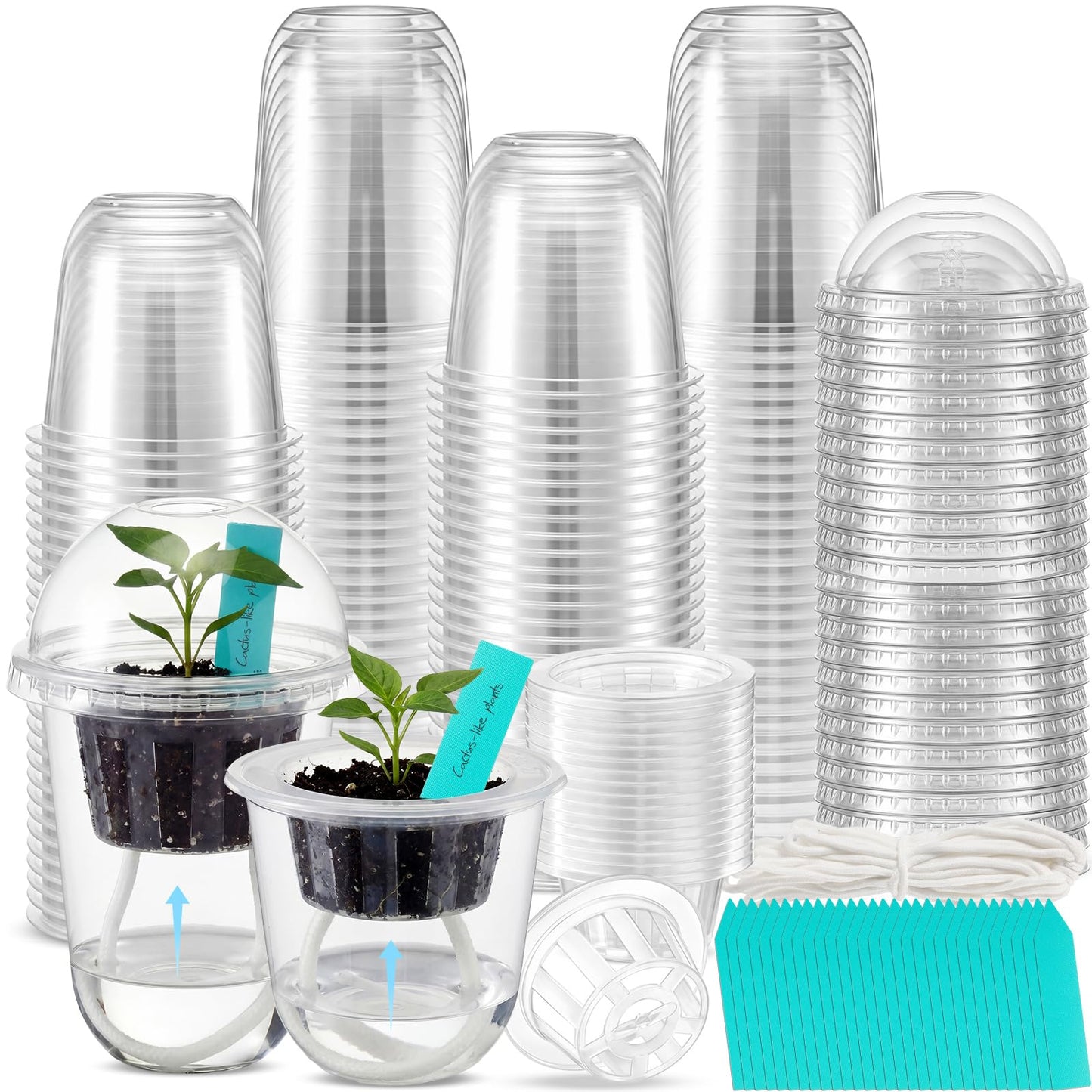 30 Packs 3.3" 4.5" Self Watering Plastic Clear Nursery Pots with Humidity Dome Seed Starter Cups Kits Hydroponic Basket Plant Labels Automatic Watering Planter for Propagation Planting Seedling