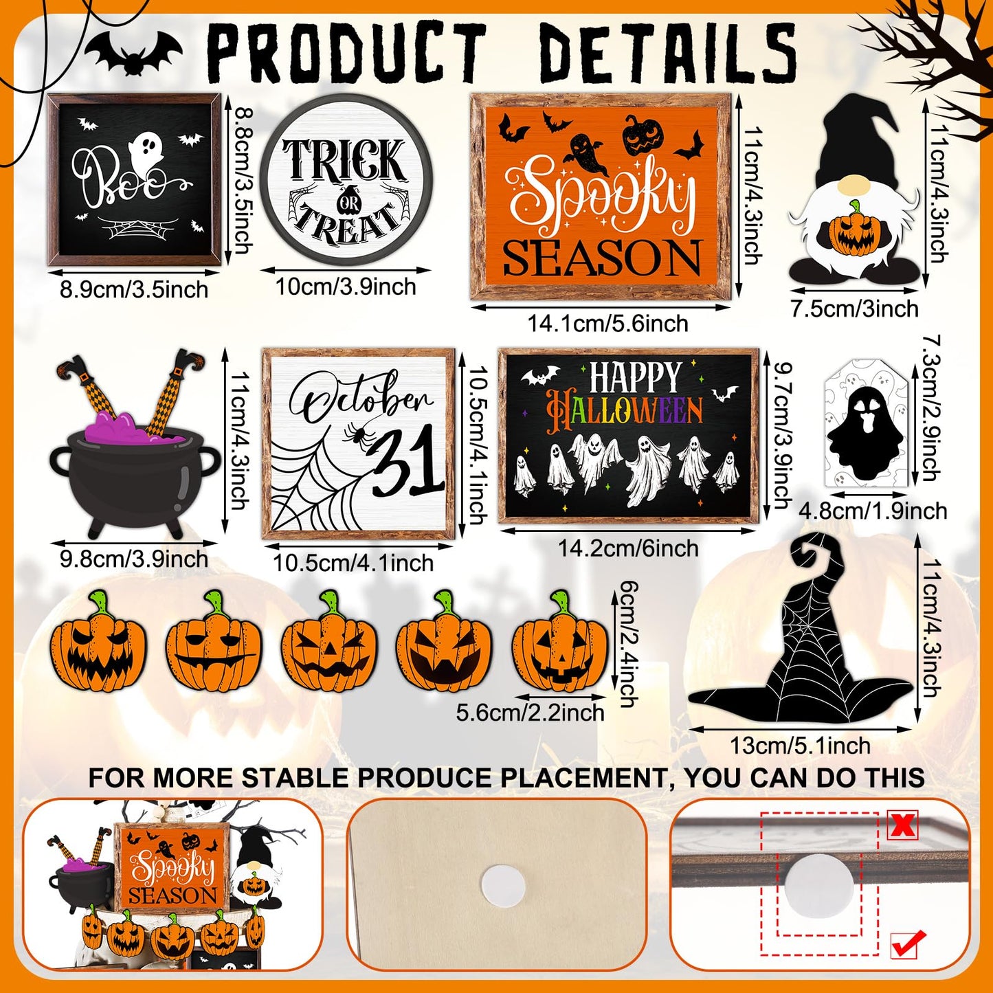 14 Pcs Halloween Tiered Tray Decor Set Cute Halloween Wooden Signs Rustic Pumpkin Farmhouse Gnomes Boo Wizard Trick or Treat Blocks Table Sign for Party Favors