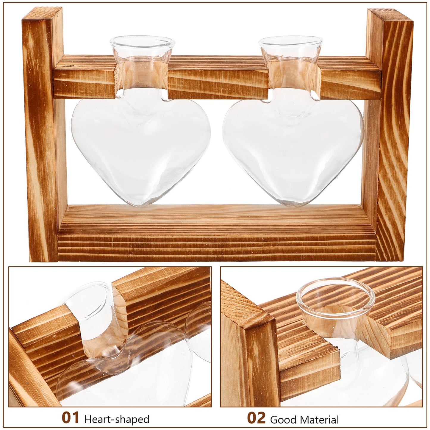 Unomor Wooden Stand Glass Terrarium Plant Holder Heart Shaped Vase Hydroponic Indoor Garden Decor with 2 Glass Containers for Home Office