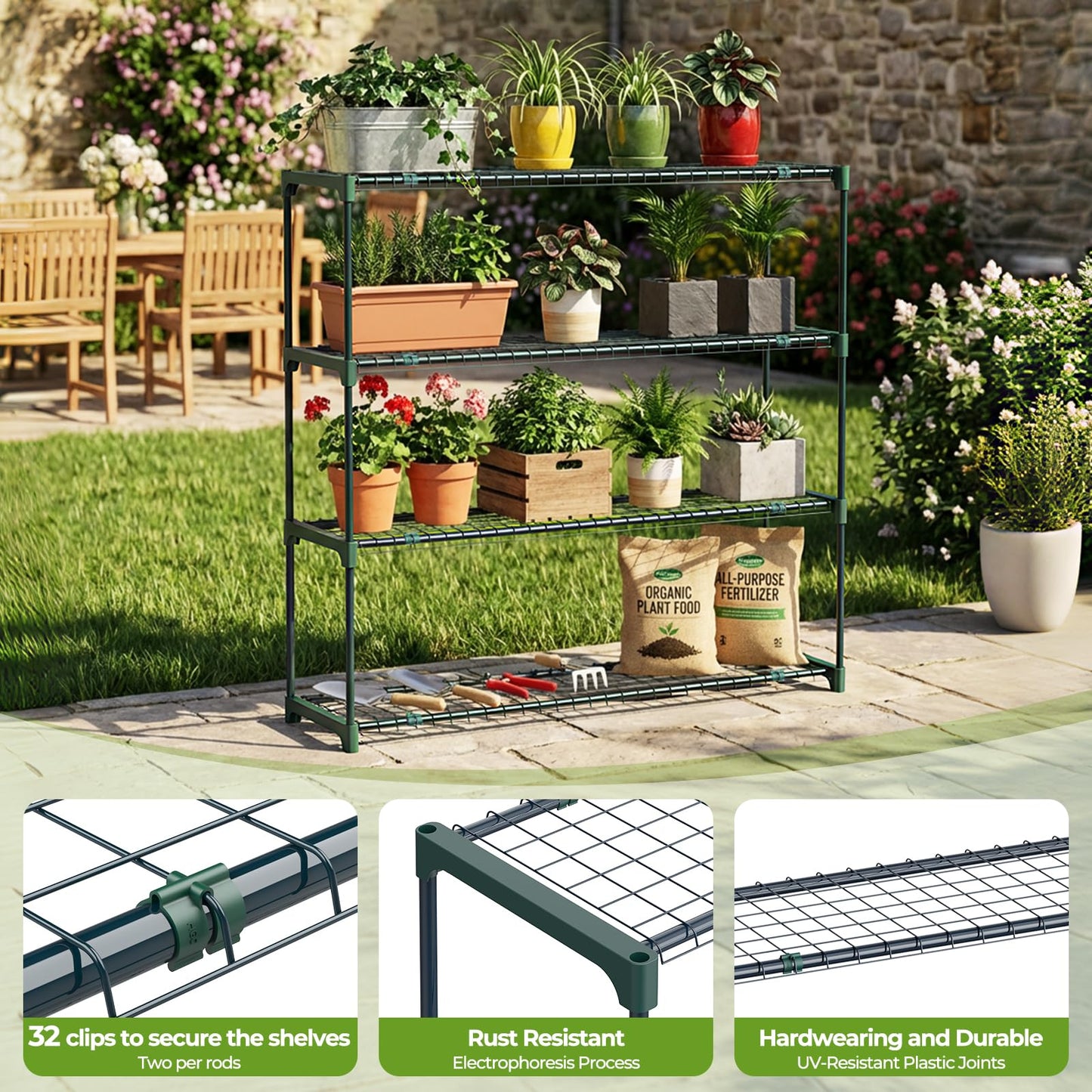Ohuhu Plant Greenhouse Shelves 4 Tier 2 Pack Extra-Wide Stable Green House Shelving for Outdoor, 35x12x42 Inch Portable Rustproof Metal Shelf Plant Stand Rack Greenhouse Accessories