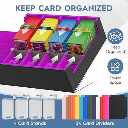 Trading Card Storage Box, 3200+ MTG Card Storage, 4 Row TCG Card Organizer Box with 24 Colorful Dividers and 4 Stands, PKM Bulk Storage, Deck Case Holder Fits for YuGiOh, Game Cards (Black & Purple)