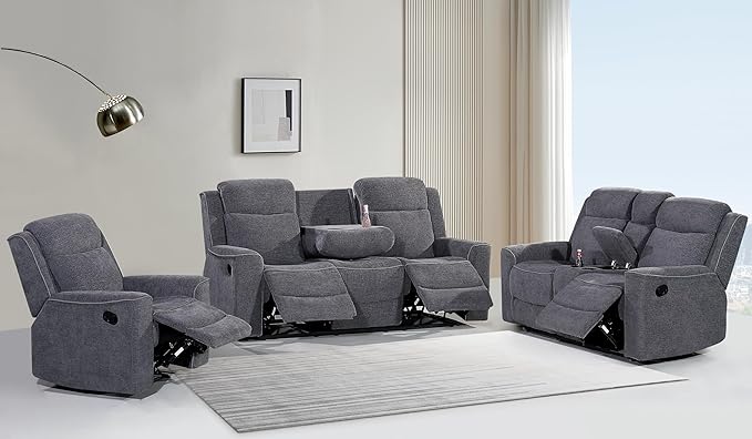Betsy Furniture Soft Microfiber Manual Reclining Sofa Set, Sofa w/Dropdown Table