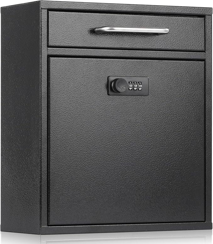 xydled Wall-Mount Mailboxes with Combination Lock, Steel Combination Lock Mail Boxes Outdoor, Locking Wall Mount Mailbox, Security Key Drop Box, 13.4H x 11.6L x 5.8W Inches, Black, Large