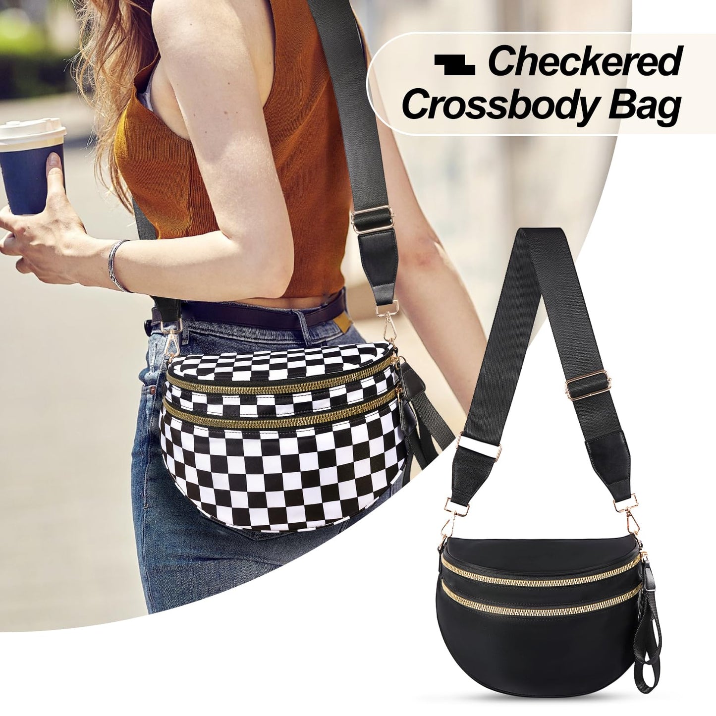 Checkered Crossbody Bag,Nylon Bum Bags for Women Crossbody,Spacious Sling Bag Purse Fanny Packs with Shoulder Strap
