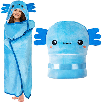 Axolotl Wearable Hooded Blanket for Adults - Super Soft Warm Cozy Plush Flannel Fleece & Sherpa Hoodie Throw Cloak Wrap - Axolotl Gifts for Women Adults and Kids