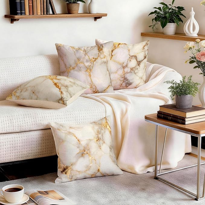 OBSEDE Gold Foil Marble Decorative Throw Pillow Covers 18 × 18 in, Couch