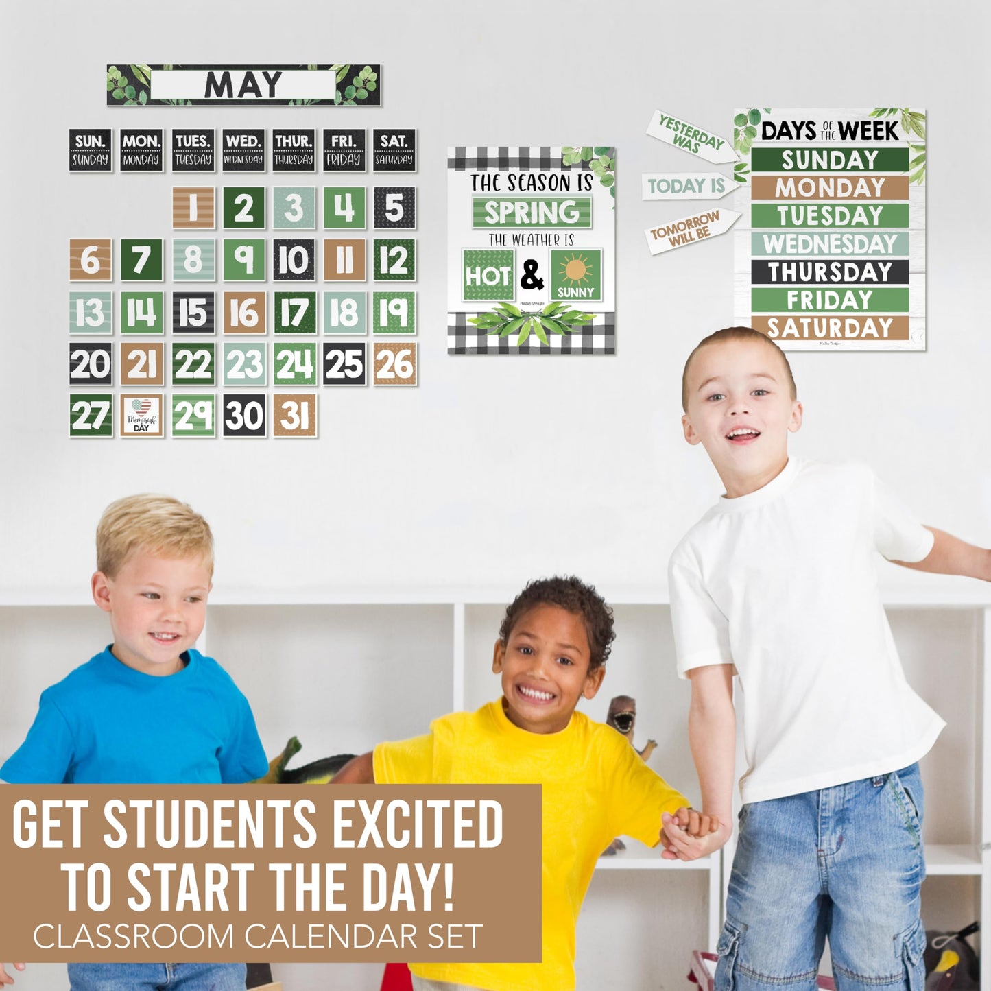 Hadley Designs Classroom Calendar Set Bulletin Board Decorations - Greenery School Calendar for Classroom Decor, Kindergarten Preschool Elementary Teacher Must Haves, Homeschool & Daycare Essentials