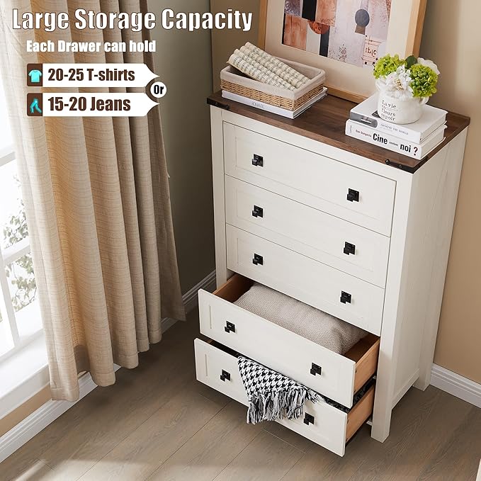 T4TREAM Farmhouse 5 Drawers Dresser Chests