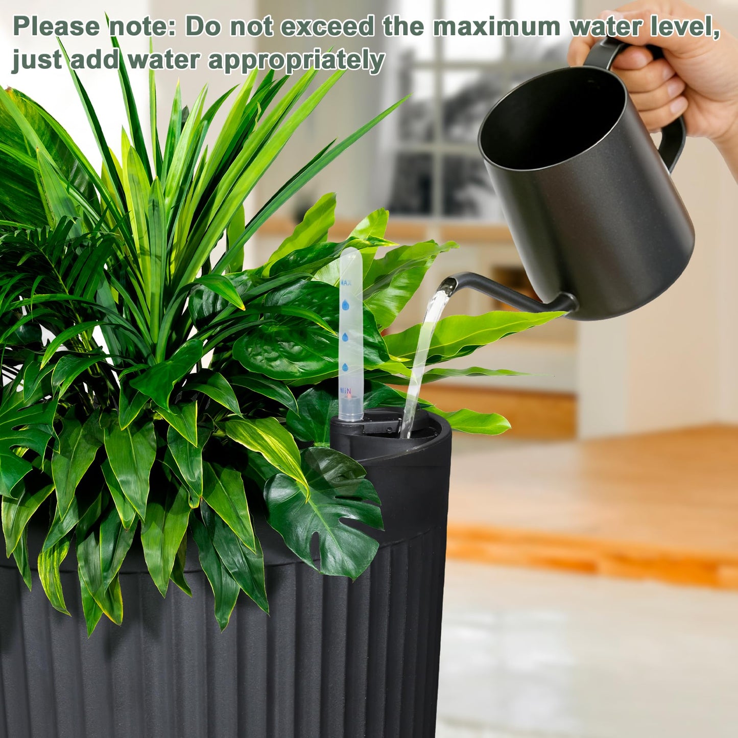 PolarcoForgeco Self Watering Tall Black Planters Outdoor Set of 2, 24” Flower Pots Planters for Outdoor Plants, Modern Plastic Tall Planter for Front Porch, with Drainage Hole (Ribbed)