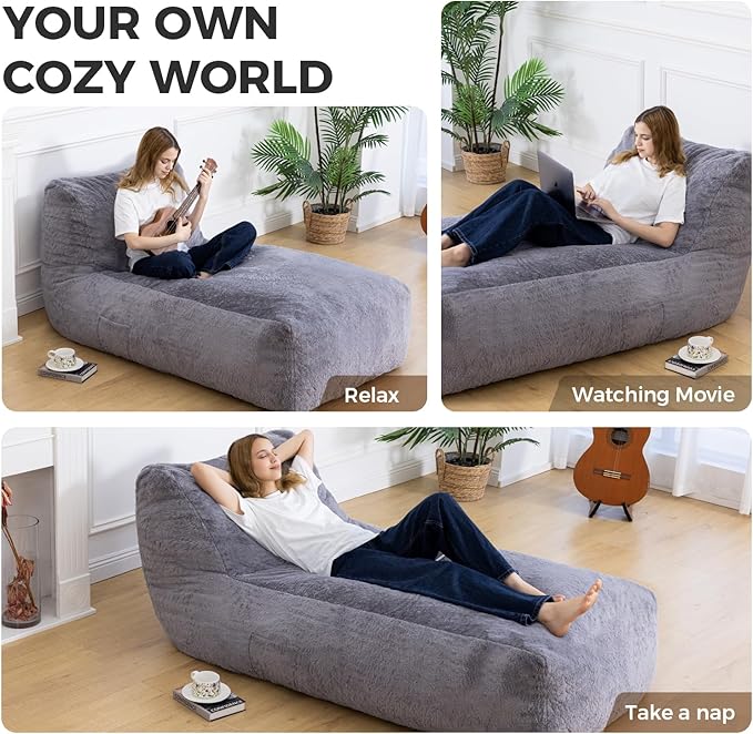 Giant Bean Bag Chair for Adults, Big Faux Fur Plush Bean Bag Lounger, Large