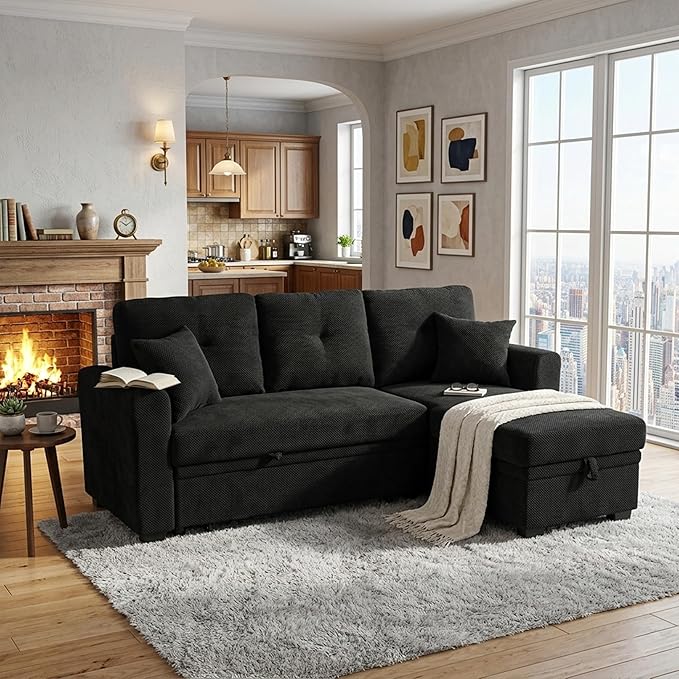 L Shaped Sectional Couch with Storage and Pull Out Bed, 3 Seater Sleeper Sofas