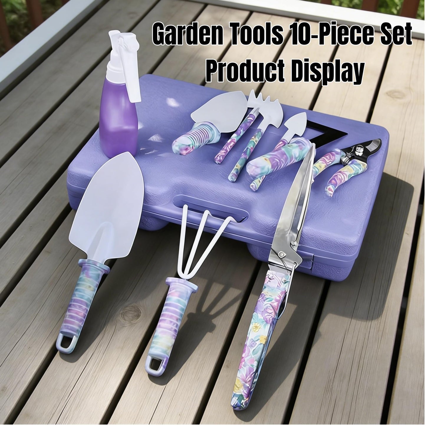 10-Piece Garden Tools Set - Heavy Duty Hand Gardening Kit: Shovel, Pruners, Trowel, Rake for Plant Care, Bonsai Trimming, Weeding & Yard Work (Purple)