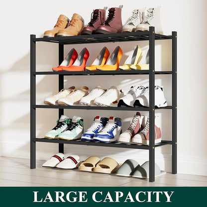 Smiry Bamboo Shoe Rack, 4 Tier Free Standing Wooden Shoe Organizer, Stackable Wood Shoe Storage Shelf for Closet, Entryway, 12 Vertical Slats, 2+2 Stack Standard Legs, 26.8"x11"x26", Black