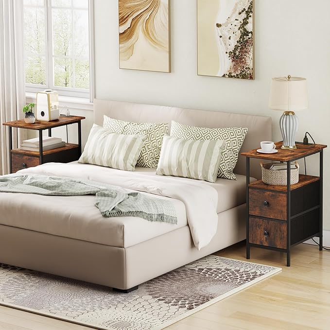 HOOBRO End Table with Charging Station, Nightstand with 2 Non-Woven Drawers