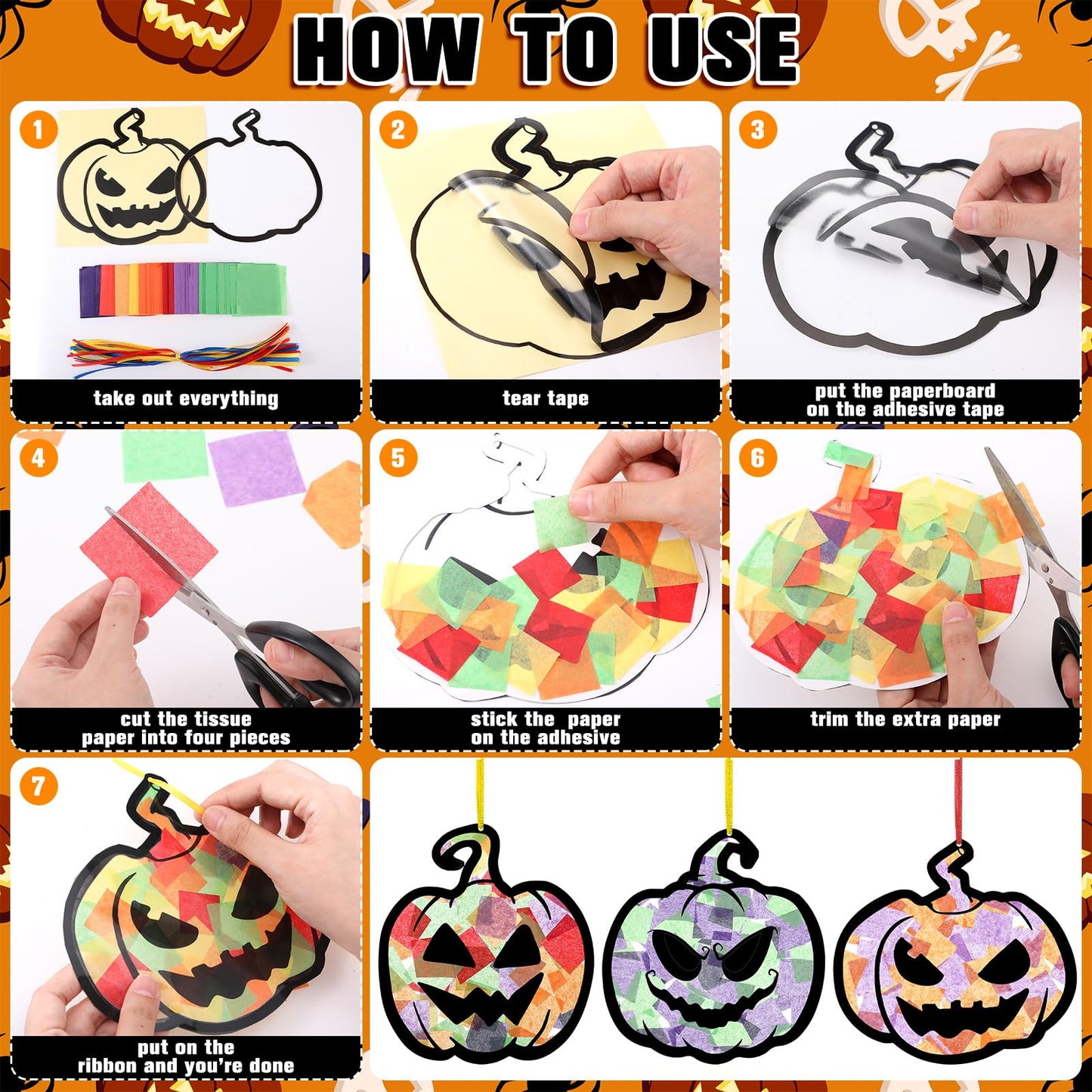 Yaomiao 30 Set Halloween Pumpkin Suncatchers Paper Crafts Kit DIY Shaped Stained Glass Effect Tissue Paper Hanging Suncatchers for Halloween Home Birthday Party Favors Gifts