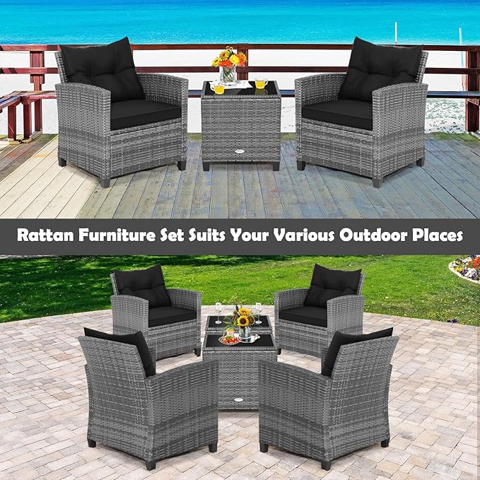 HAPPYGRILL 3 Pieces Patio Conversation Set, Outdoor Furniture Set PE Rattan
