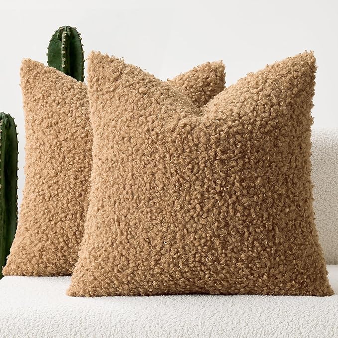 Faux Fur Throw Pillow Covers 20x20 Inch Set of 2 Boucle Neutral Decorative