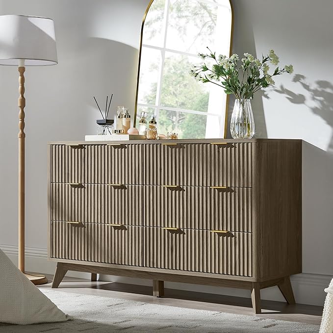 T4TREAM Fluted 6 Drawers Dresser, Curved Profile Design, Dresser TV Stand
