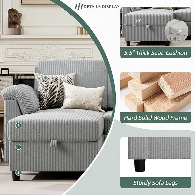 Vongrasig Convertible Sectional Couches Sofa, 3 Seat L Shaped Sofa