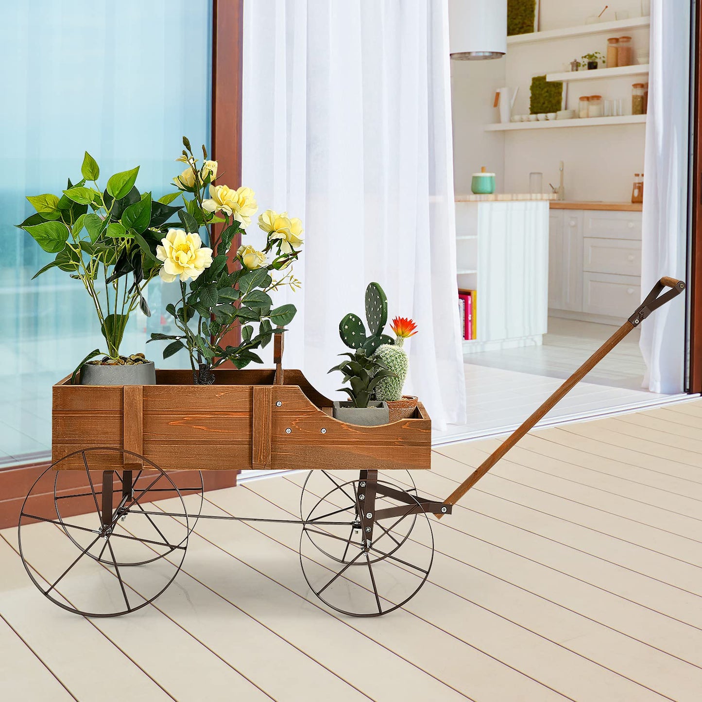 Aurcs Wooden Wagon Planter, Garden Wagon Cart Planter Pot Stand w/ 2 Planting Section, Adjustable Handle, Rolling Wheels, Planter Box Display for Succulent, Flowers, Vegetables (Natural)