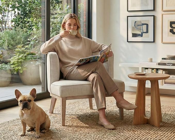 Beige Barrel Chair with Solid Wood Frame, Small Round Accent Chair, Comfy Linen