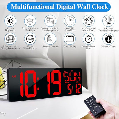 17.2"Large Digital Wall Clock Large Display with Remote Control 180°Visible | Timer with Temperature Date Week Auto DST Adjustable Brightness, for Living Room Classroom Garage Gym Gift for Senior Mom Dad