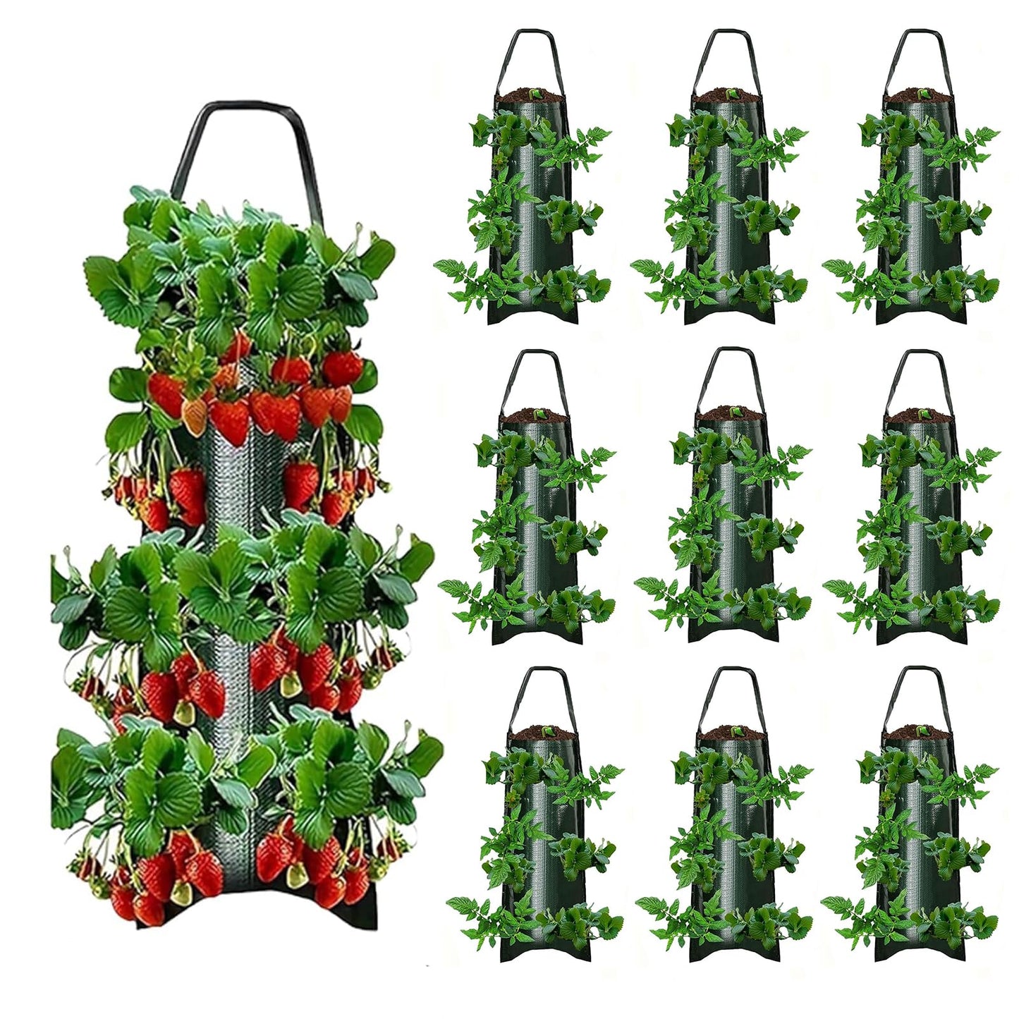 Upside Down Strawberries Grow Bags,10 Pack Garden Hanging Strawberry Grow Bag, Hanging Strawberry Planter with Planting Pockets, Hanging Planter for Strawberries,Tomatoes, Chili, Herbs, Vegetables