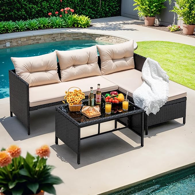 Devoko Outdoor Patio Furniture 3-Piece Rattan Waterproof Outdoor Sectional Sofa