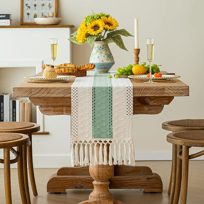 FEXIA Sage Green Table Runner 60 Inches Long with Tassels Boho for Summer Home Decor Rustic Macrame Farmhouse Table Cover for Wedding Party Bohemian Bridal Shower Dining Decorations(12x60 Inches)