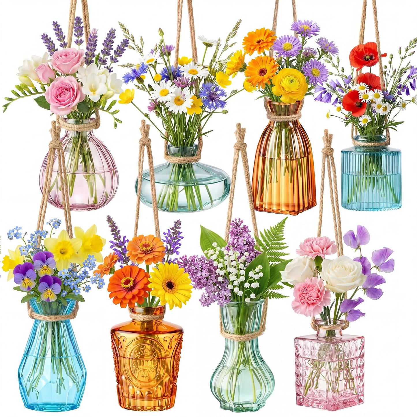 Wonderjune 8 Pcs Stained Glass Hanging Vases Hanging Glass Planters Small Plant Terrarium Pot Containers with Rope for Garden Home Indoor Outdoor Decor, 4 Styles (Classic)