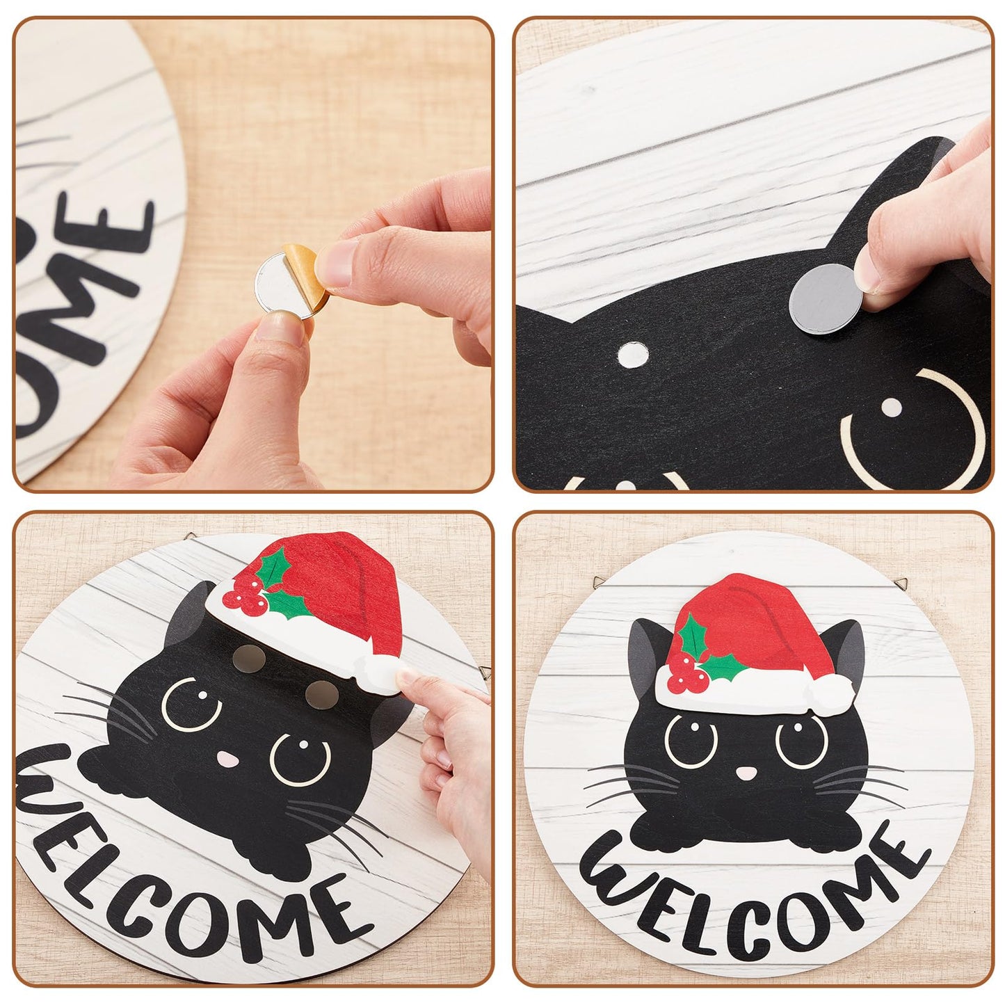 BrightRow Interchangeable Welcome Sign for Front Door with 4 Seasonal 15 Black Cat Headpieces, Wooden Farmhouse Outdoor Porch Sign with 4th of July Patriotic Decor for Cat Lovers, Housewarming Gift