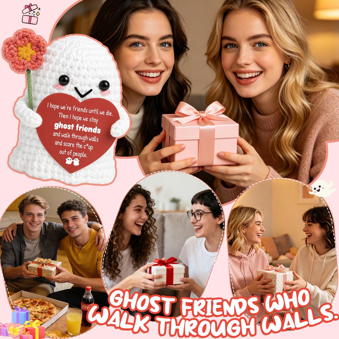 Best Friend for Women Friendship Ornaments - Handmade Crochet Ghost Decor with Funny Boo BFF Message Card, Halloween Stocking Stuffers, Cute Birthday Gift for Bestie Soul Sister