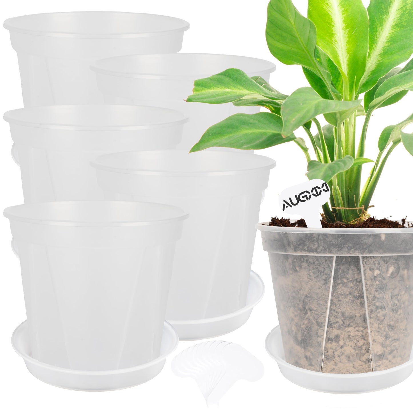 AUGXIXI 5 Set 7 Inch Transparent Plastic Garden Pots with Saucer - Planter with Drainage Hole for Indoor and Outdoor Plants - Includes 10 Plant Labels