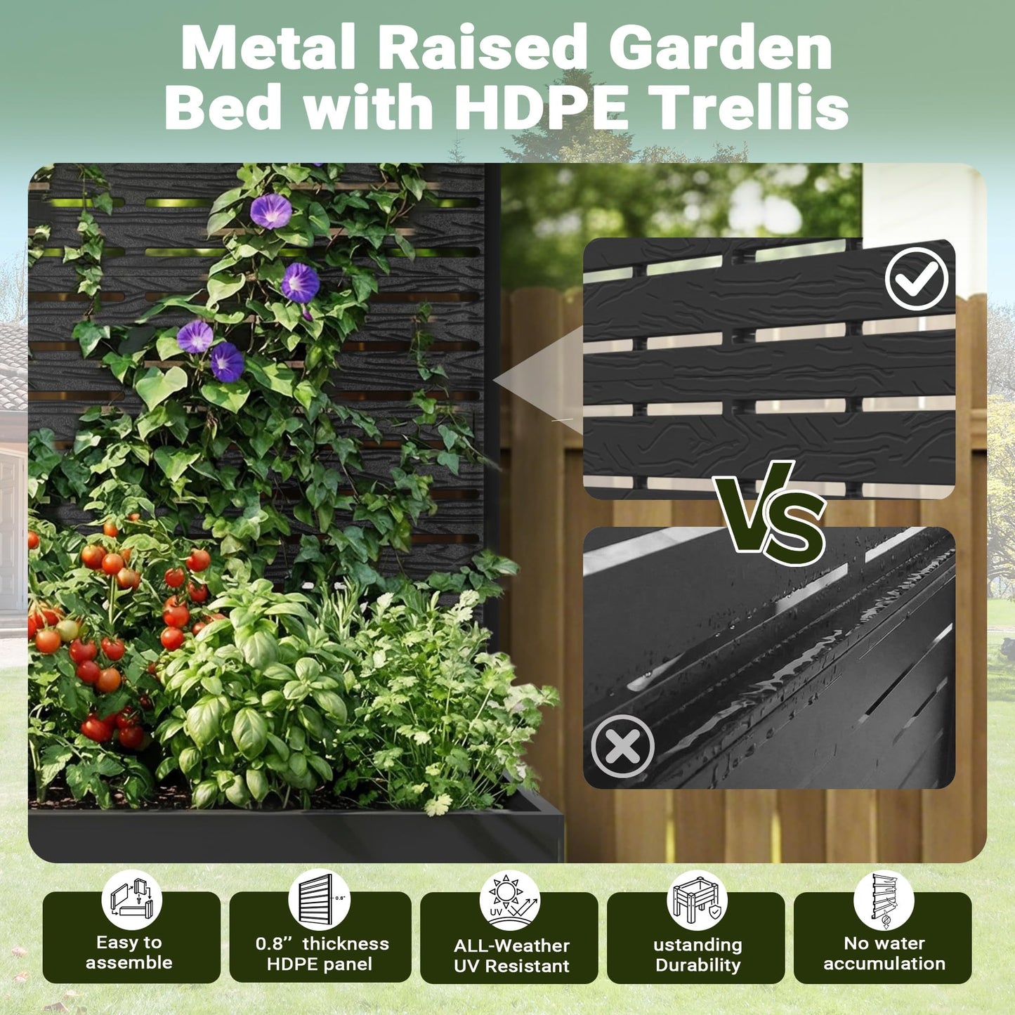 seethmi Metal Raised Garden Bed with Trellis, 35"x16"x47" Planter Box for Vegetables & Climbing Plants, Outdoor HDPE Privacy Screen Planter with Drainage Holes for Patio, Backyard, Garden