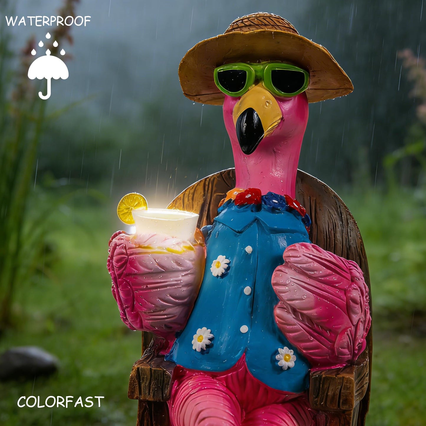 LIULO TOOL Solar Flamingo Figurines Garden Decor, Light Up Resin Flamingo Sitting on Chair Statue, Waterproof Outdoor Patio Sculpture, Cute Solar Powered Yard Decoration for Lawn Home Gift
