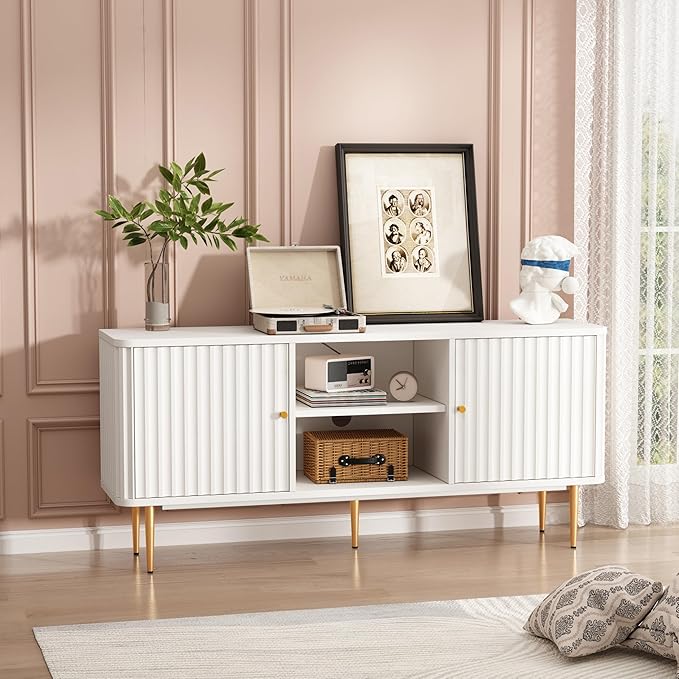 ARTPOWER 55” Fluted TV Stand, Mid Century Modern White TV Stand